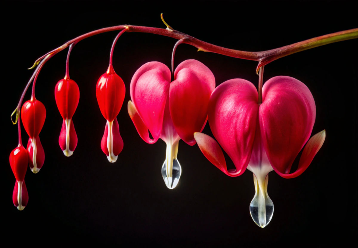 Photo of bleeding heart flowers on a black background.