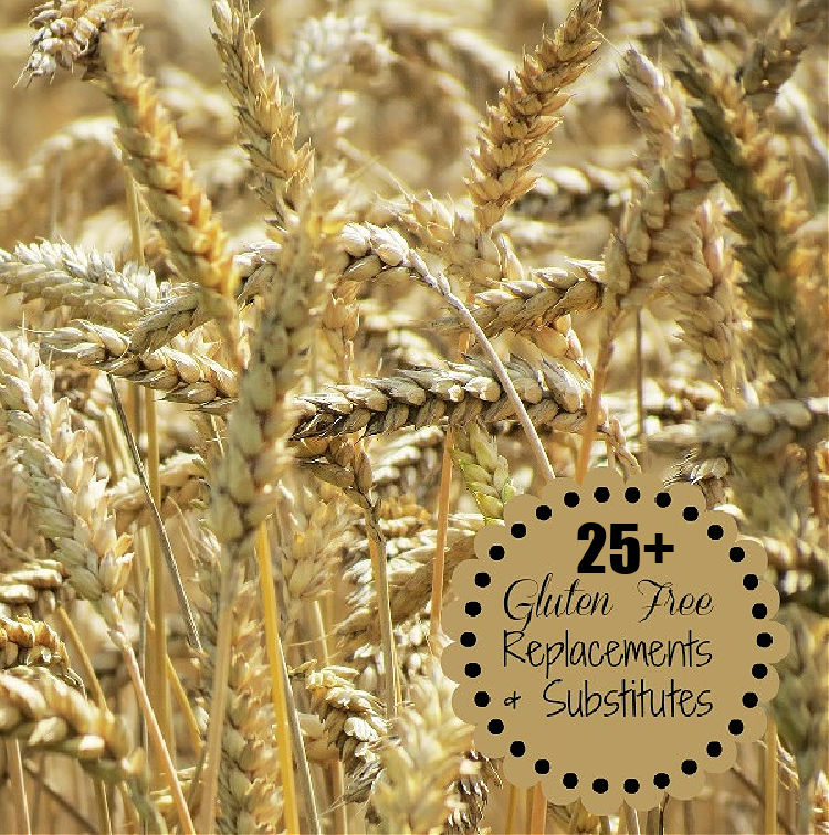 Wheat stalks in the background with text that reads 25+ Gluten-free substitutes.