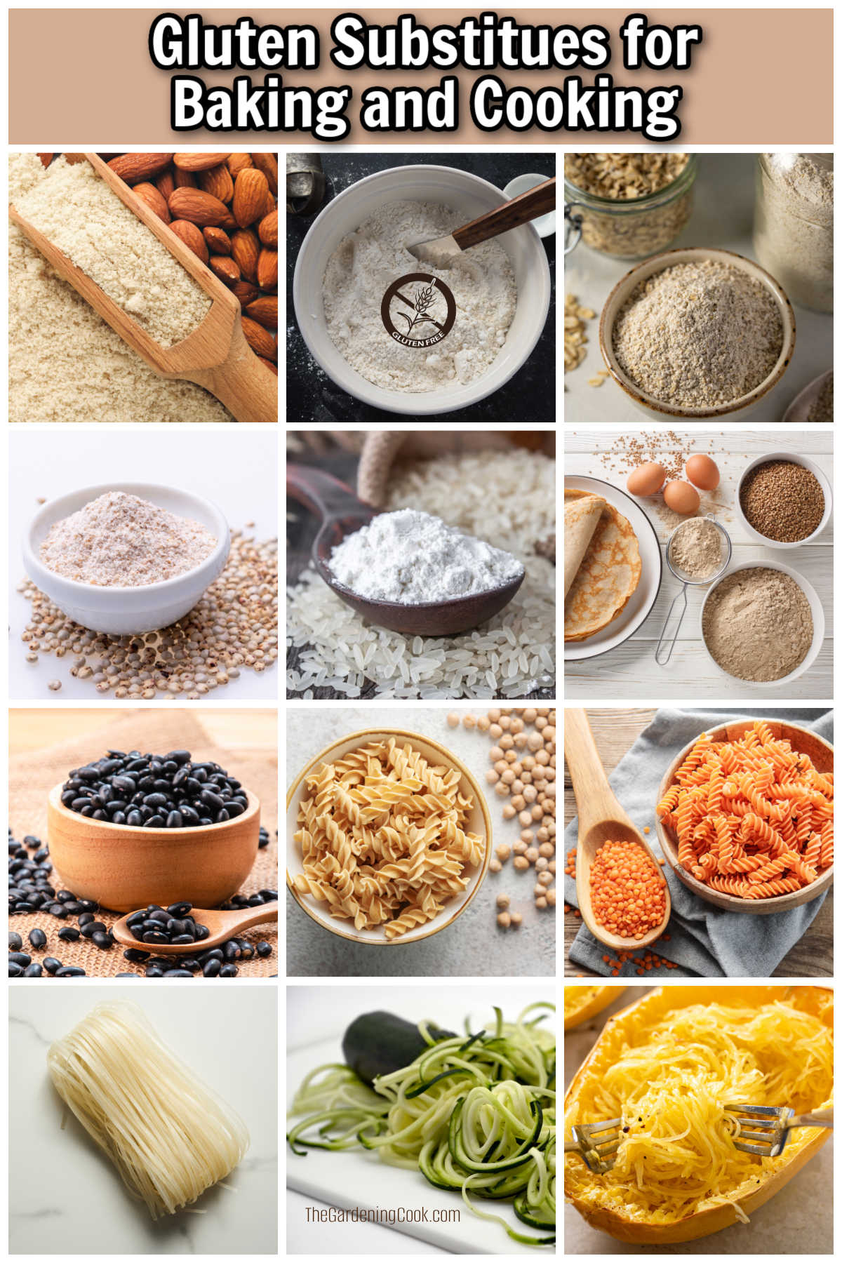 A variety of wheat-free flours, pastas, noodles useful in recipes. Tan text reads Gluten-free substitutes for baking and cooking.