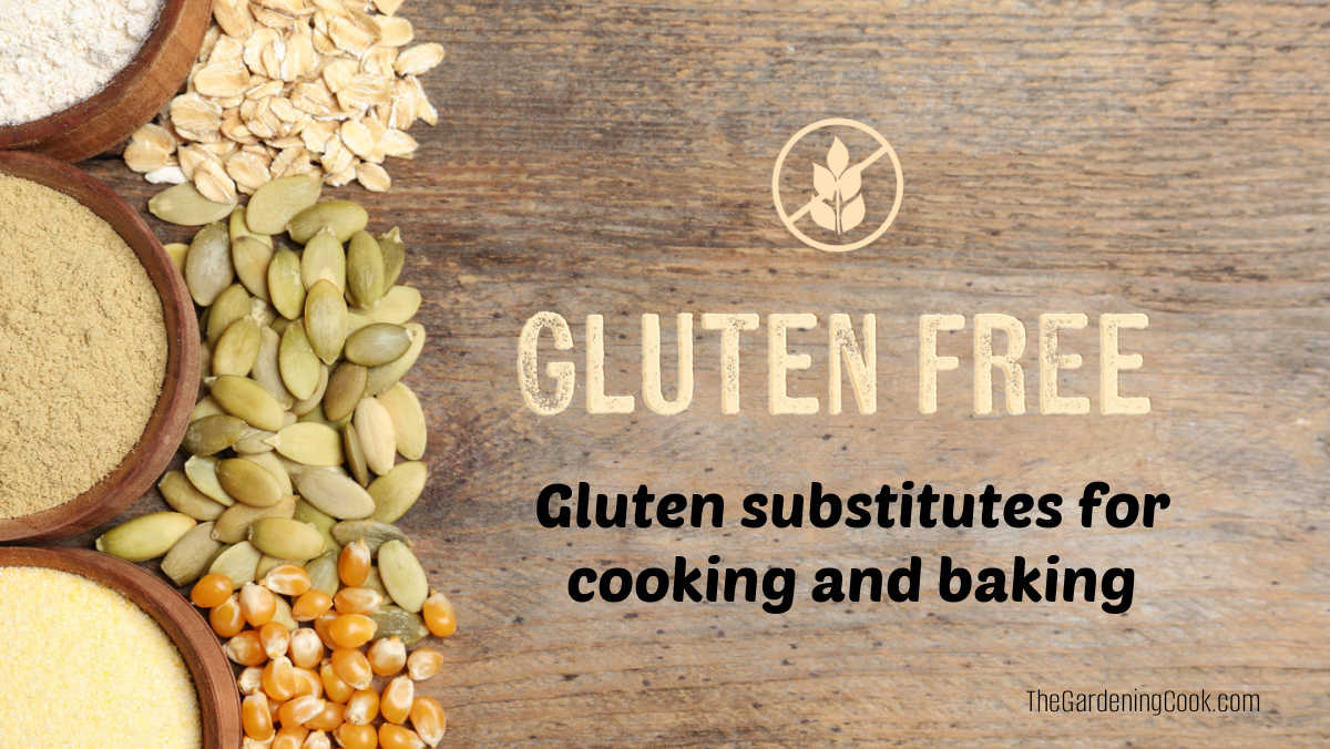 A brown wooden board with oats, corn and seeds made into wheat-free flour in bowls. in the center are the words Gluten free - gluten substitutes for baking and cooking.