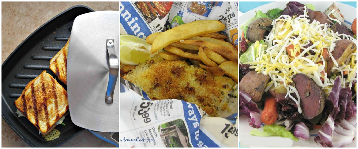 Chicken cheese panini sandwich, slimmed down fish and chips and roasted vegetable chicken salad in a collage.