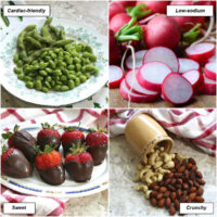 A collage with heart-frienndly snack images of edamame, radishes, chocolate strawberries and nuts, labeled cardiac-friendly, low-sodium, sweet and crunchy.