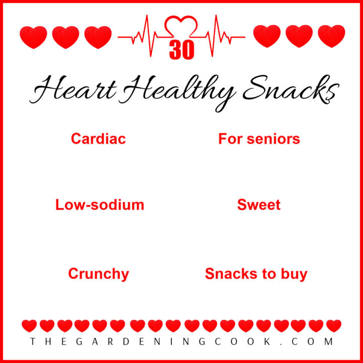 Hearts in a row with a monitor reading above Heart healthy snacks in six categories: cardiac, for seniors, low-sodium, sweet, crunchy and snacks to buy.