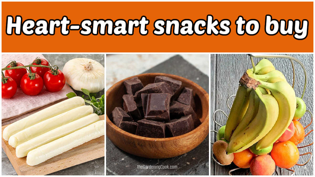 Pictures of cheese sticks, dark chocolate and fresh fruit. Orange text box reads heart-smart snacks ideas.