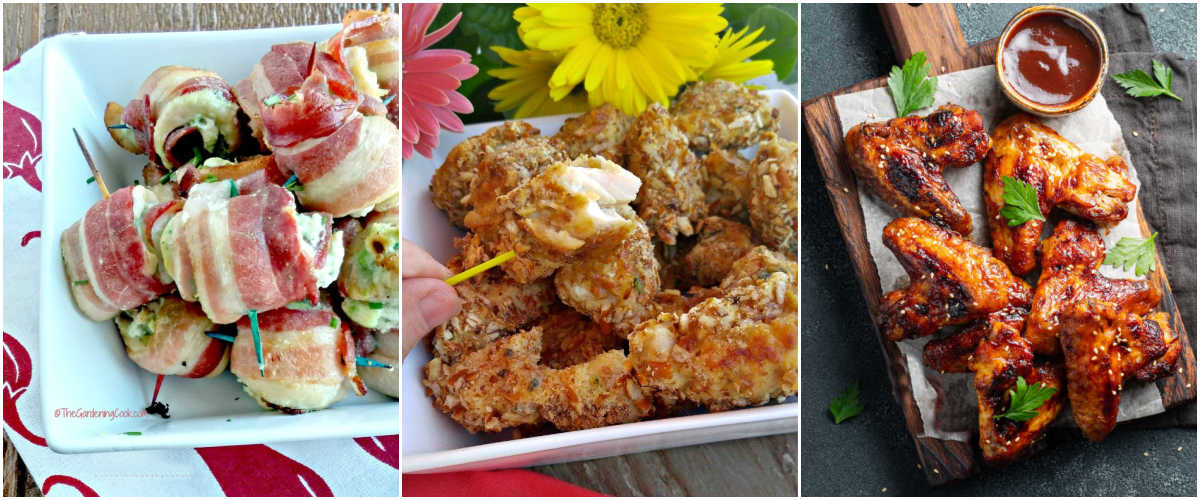 BAcon wrapped chicken bites, pretzel coated chicken nuggets and sticky wings.