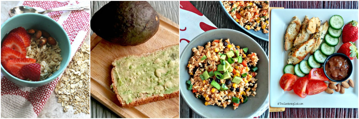 A collage with images of healthy food swaps for health and weight loss including granola, avocado, cauliflower rice and a healthy lunch plate.