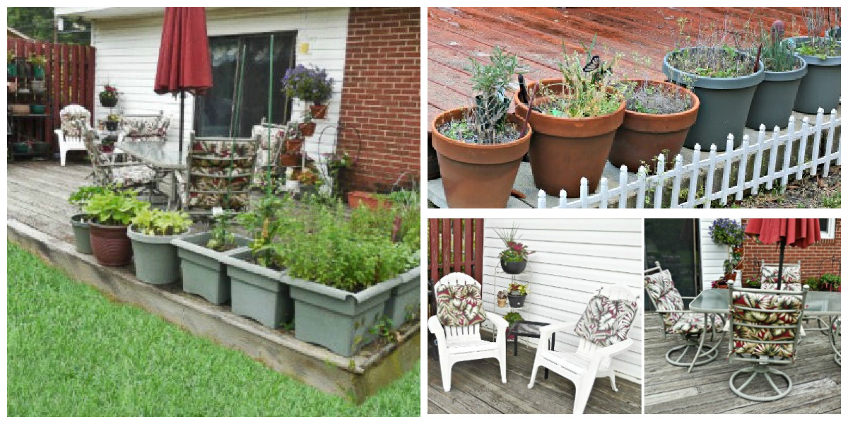 A vegetable deck garden arranged with pots on the deck, outside the deck and a seating and eating area.