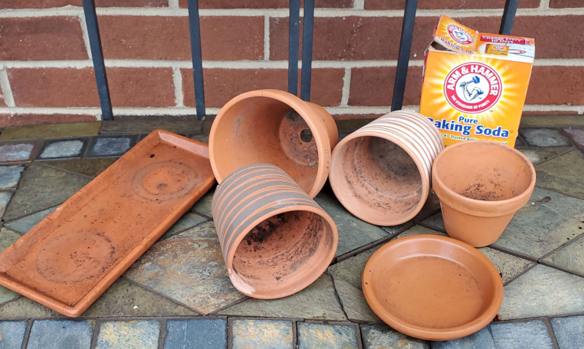 Dirty clay pots on a slate potting bench with a box of baking soda for cleaning them.
