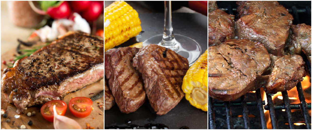 Collage with images of three different steak recipes.