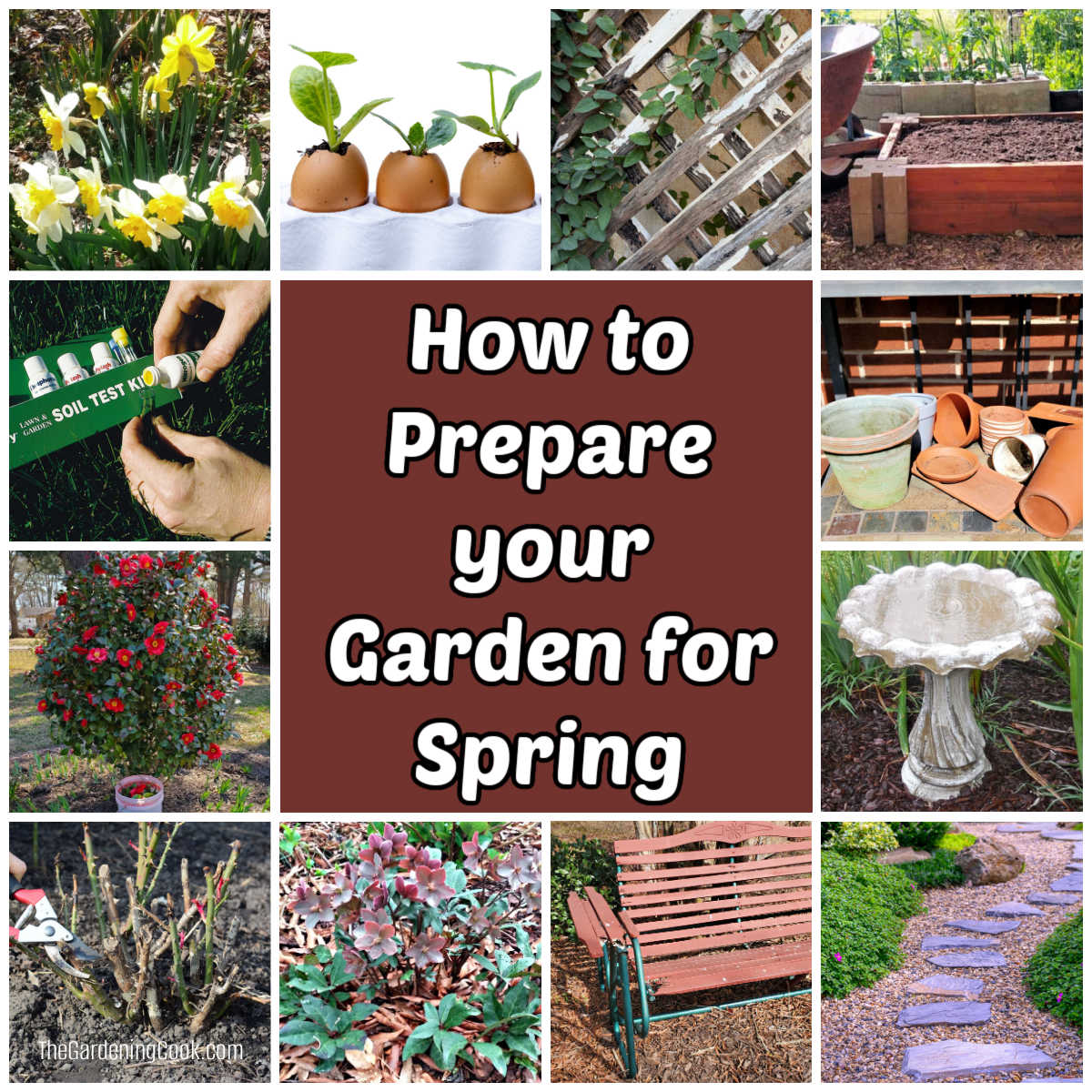 Pictures showing how to prepare your garden for spring, including soil testing, inspecting tools, pruning roses and cleaning a birdbath.