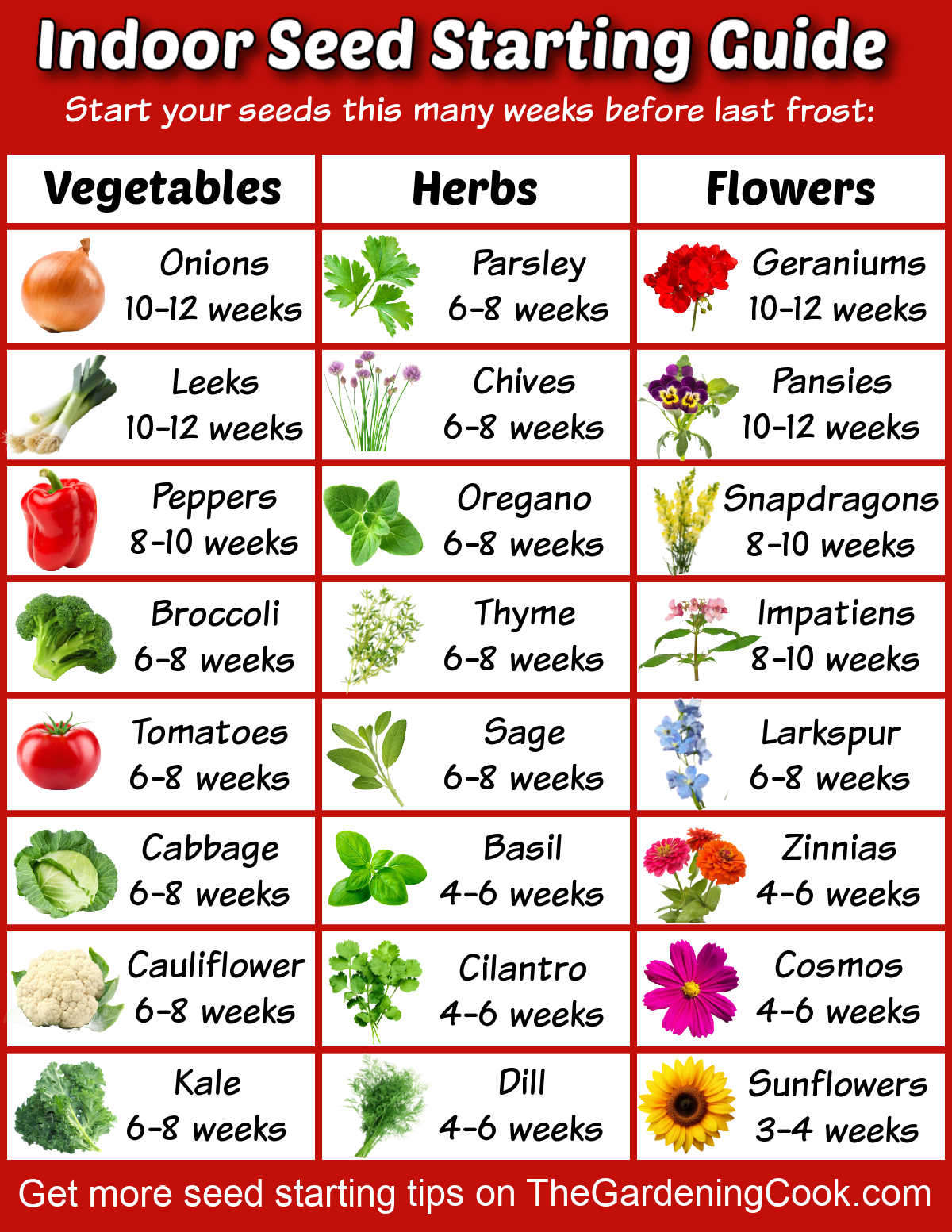 Indoor Seed Starting Guide: Learn When to Start Seeds Indoors A printable in jpg format with images of vegetables, herbs and flowers and the number of weeks before the last frost to start their seeds.