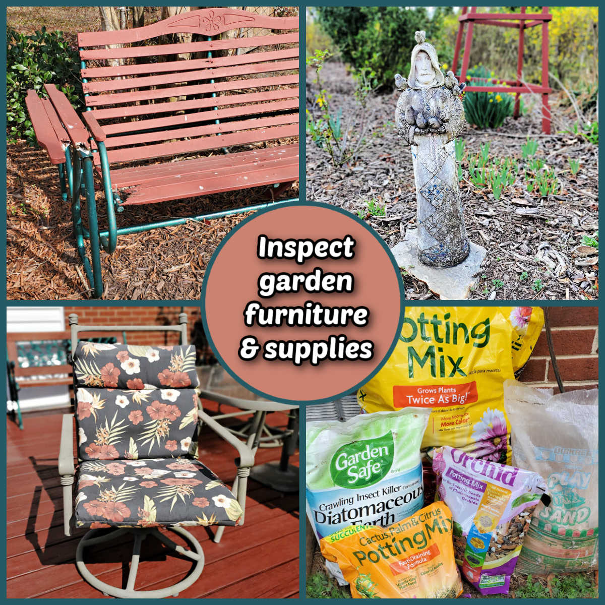 Spring garden tasks that need tending: broken garden furniture, dirty statue, faded chair cushions and a low supply of garden supplies.