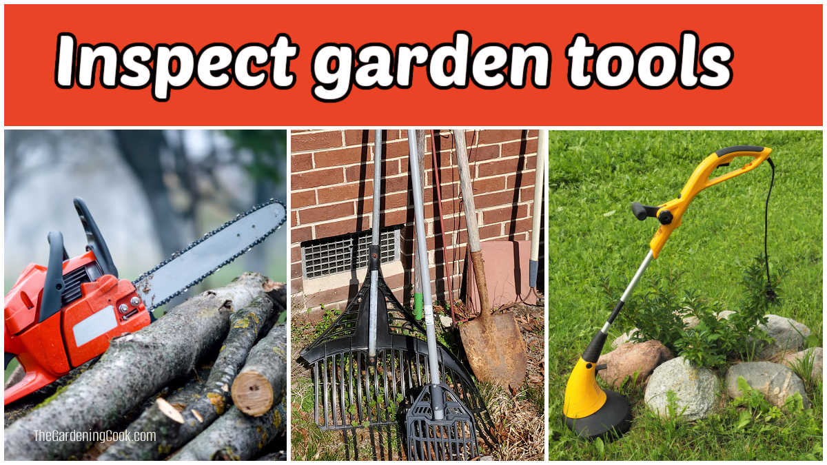 Chainsaw on logs, weed whacker, and broken garden tools needing maintenance.