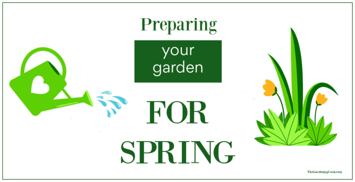 A graphic featuring a watering can and plant with text that reads Preparing your garden for spring.