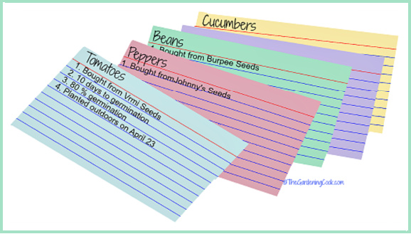Index cards with records of seed starting attempts with names of seeds, where bought and when they were planted with germination success.