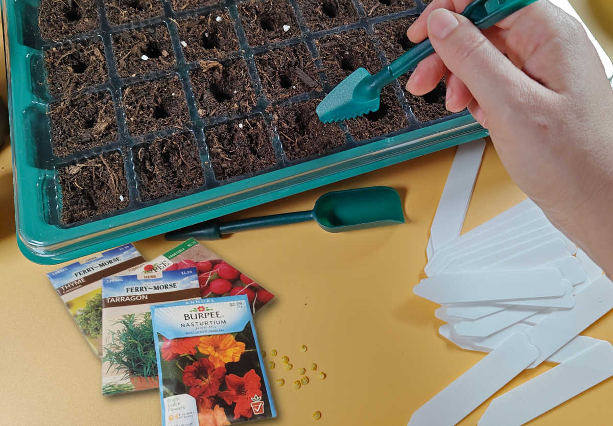 Recycled multi-compartment seed starting tray, labels and seed packages.