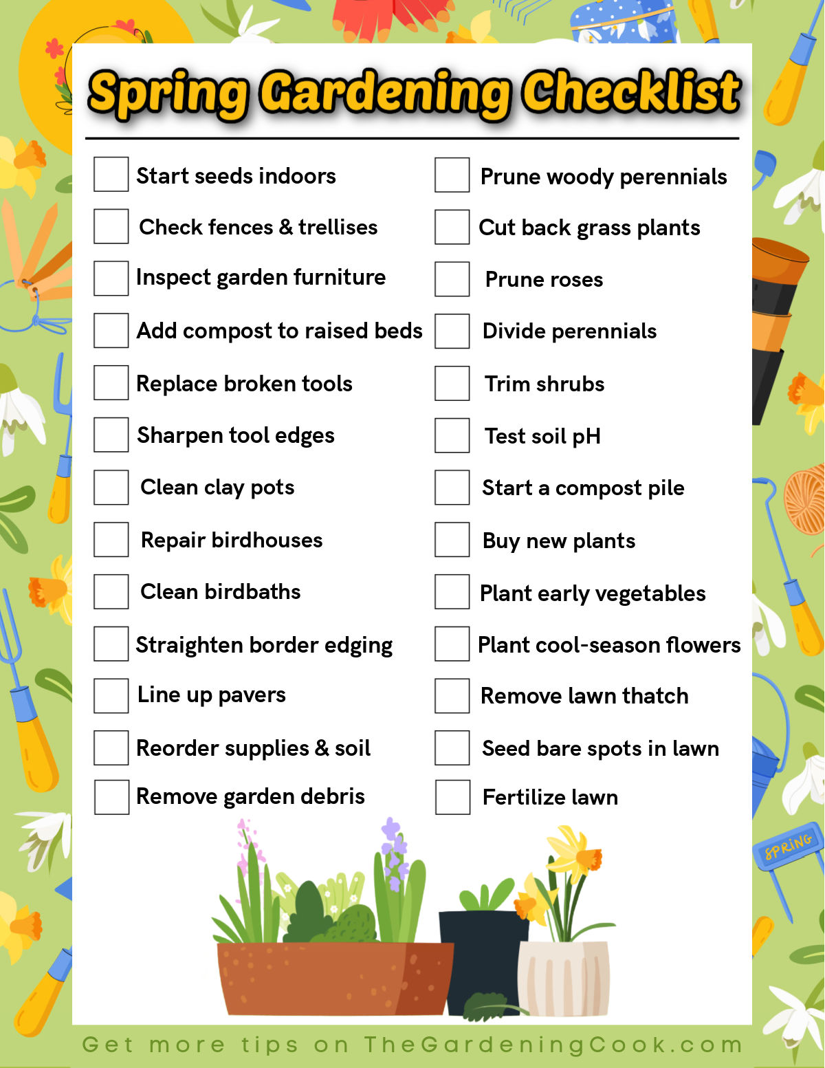 A jpg format spring gardening checklist, with checkboxes beside tasks to prepare garden for spring.