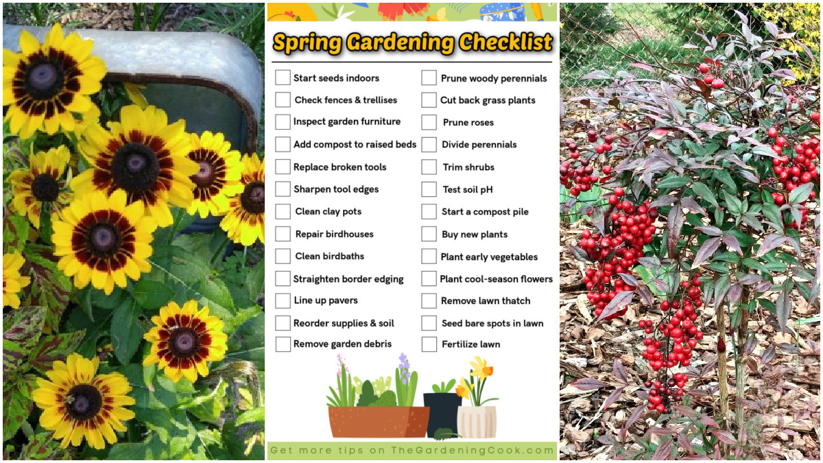 A collage with images of a spring garden checklist, summer flowers and fall perennials.