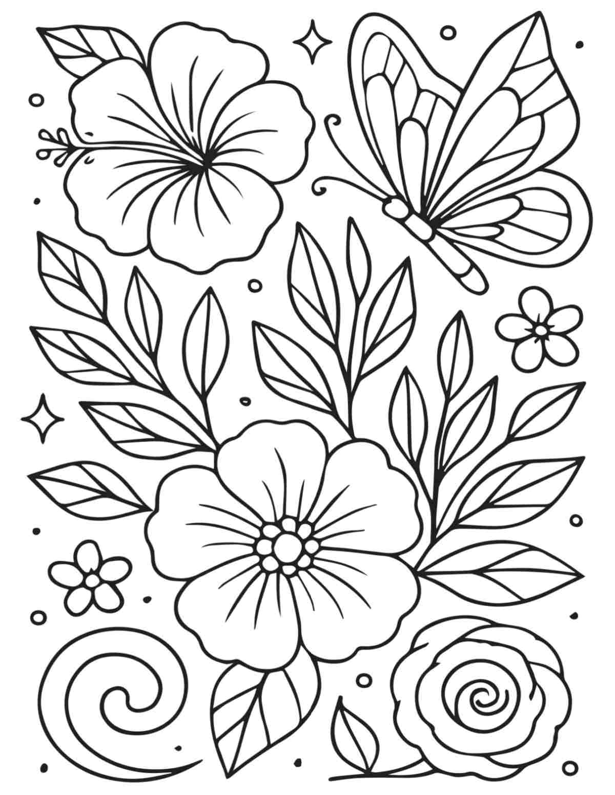 A free printable butterfly coloring sheets image with various tropical flowers and foliage and one butterfly in the corner of the coloring page.