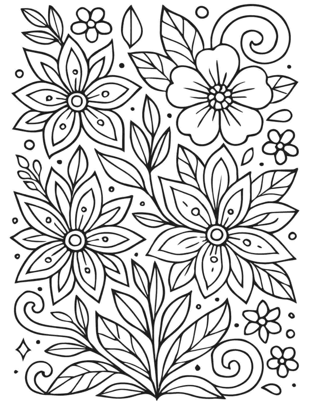 A free flowers coloring sheet printable completely filled with various small and large flowers and foliage.