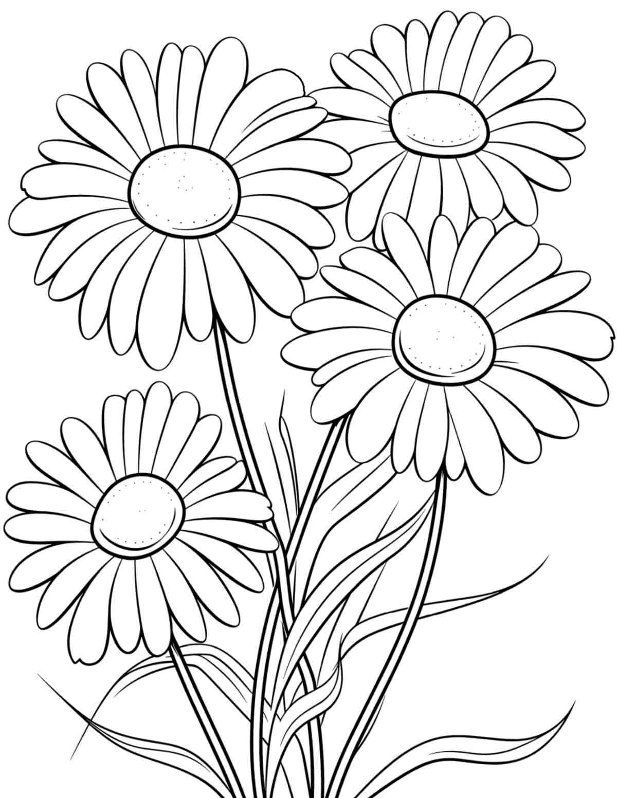 A free daisy coloring pages printable featuring five large daisies in the center of the coloring sheet.