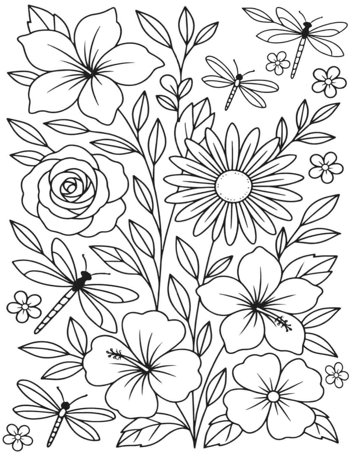 A free dragonfly coloring pages printable, featuring a large assortment of flowers with dragonflies flying around them.