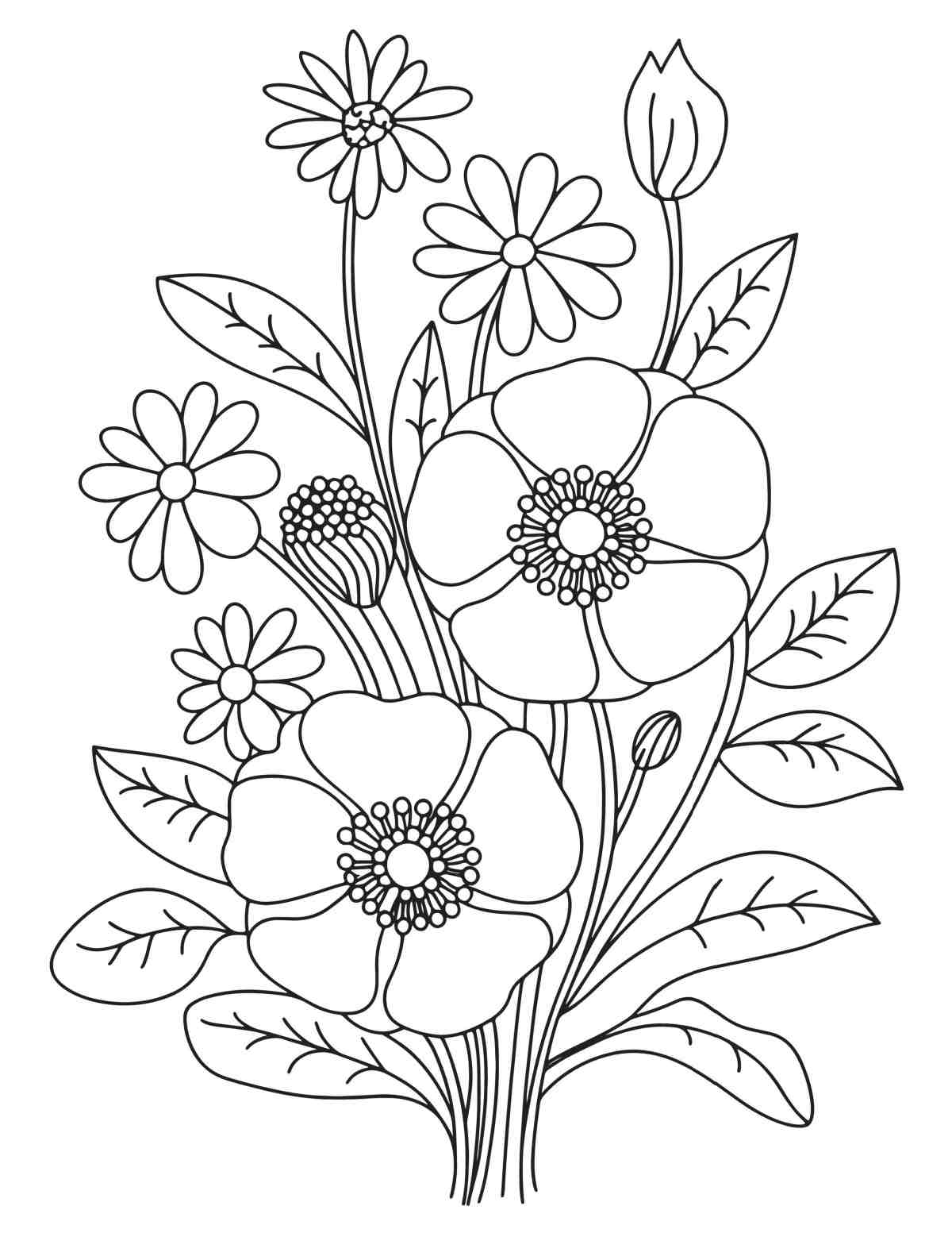 A printable flower coloring sheets free image with a bouquet of various flowers and foliage.