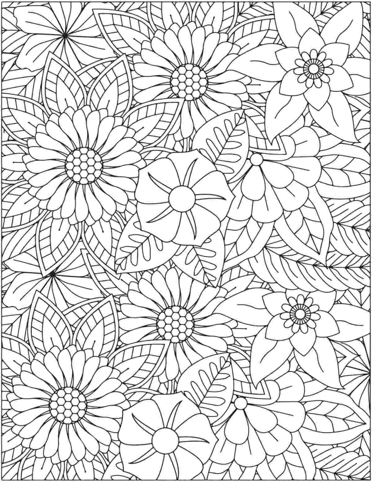 A free flower coloring pages printable where the image is completely filled with flower heads of various flowers including daffodils, daisies and poppies.