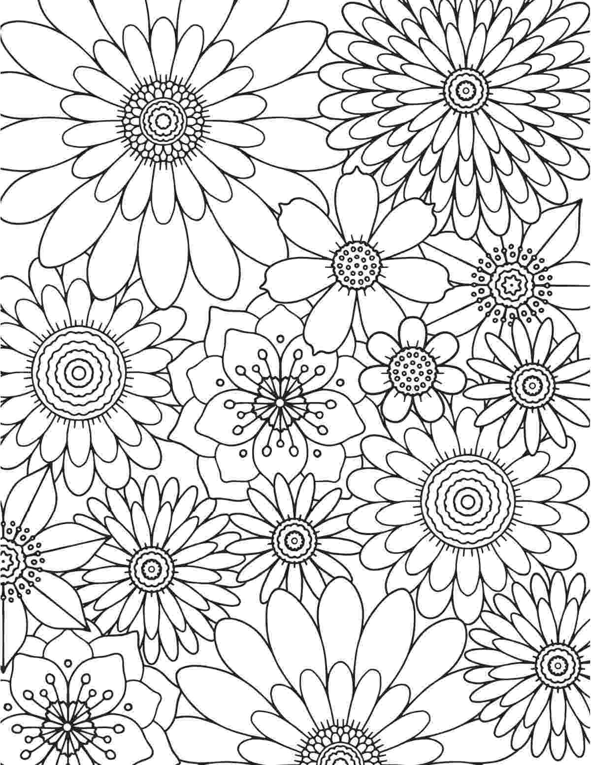 A free flowers coloring page printable where the entire graphic is filled with circular flower heads of varying sizes.