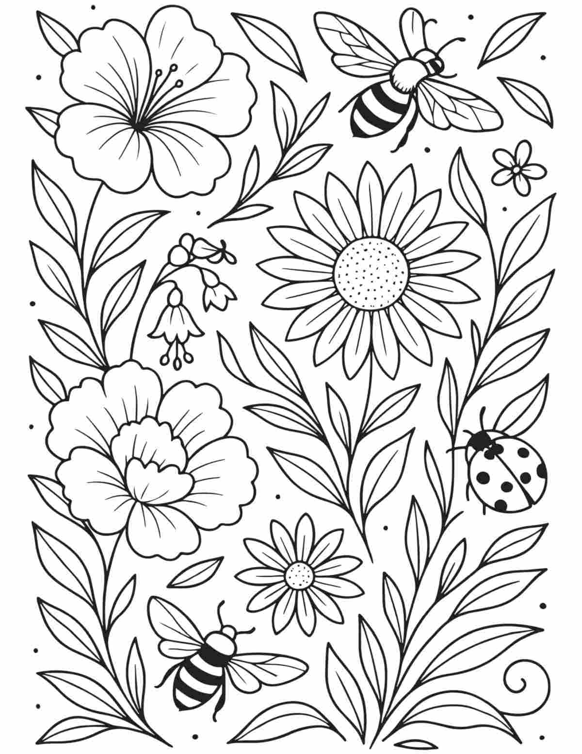 A free bee coloring pages printable featuring a variety of flowers with bees and ladybugs around them.