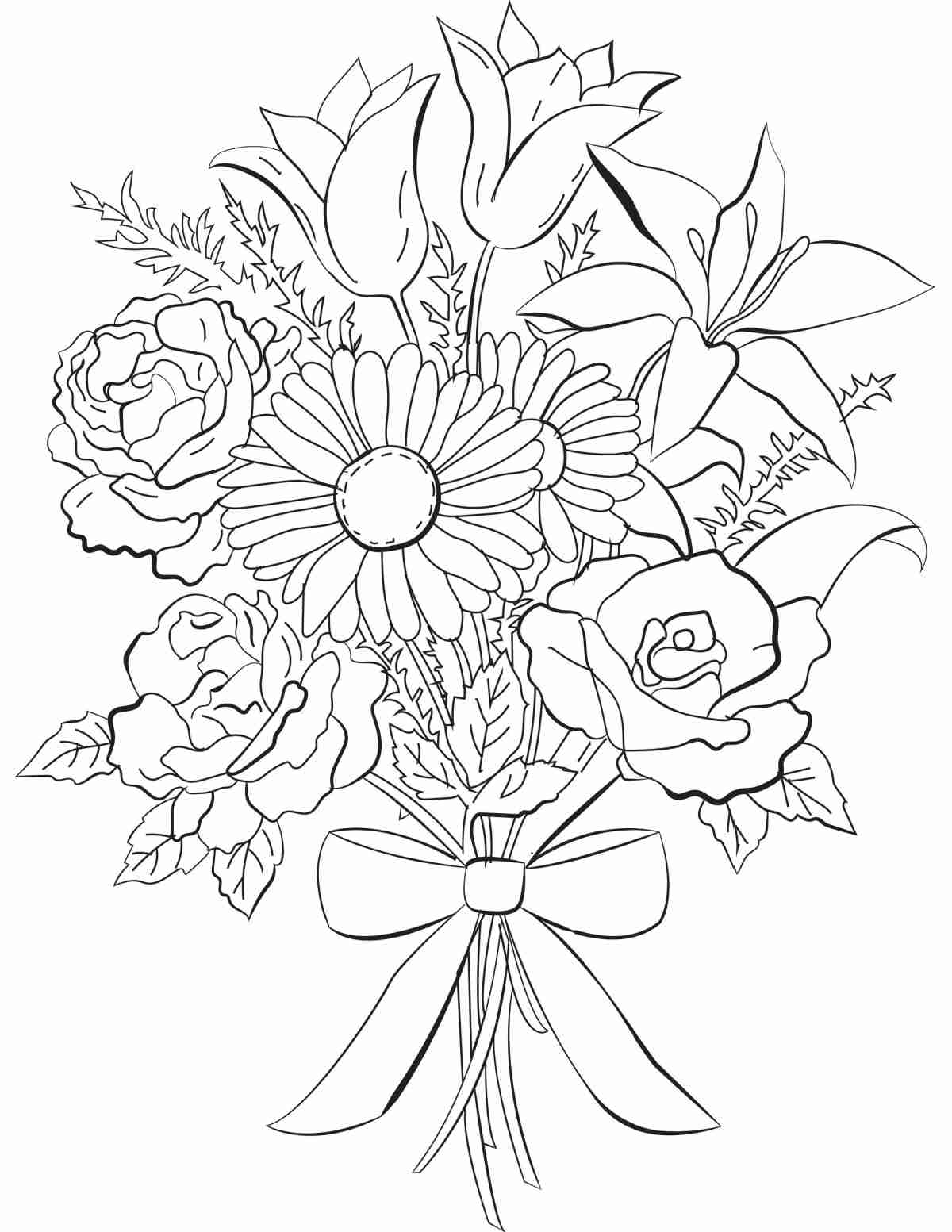 A free printable flower bouquet coloring pages image featuring a large bouquet with various flowers including roses, daisies and lilies all tied together with a ribbon.