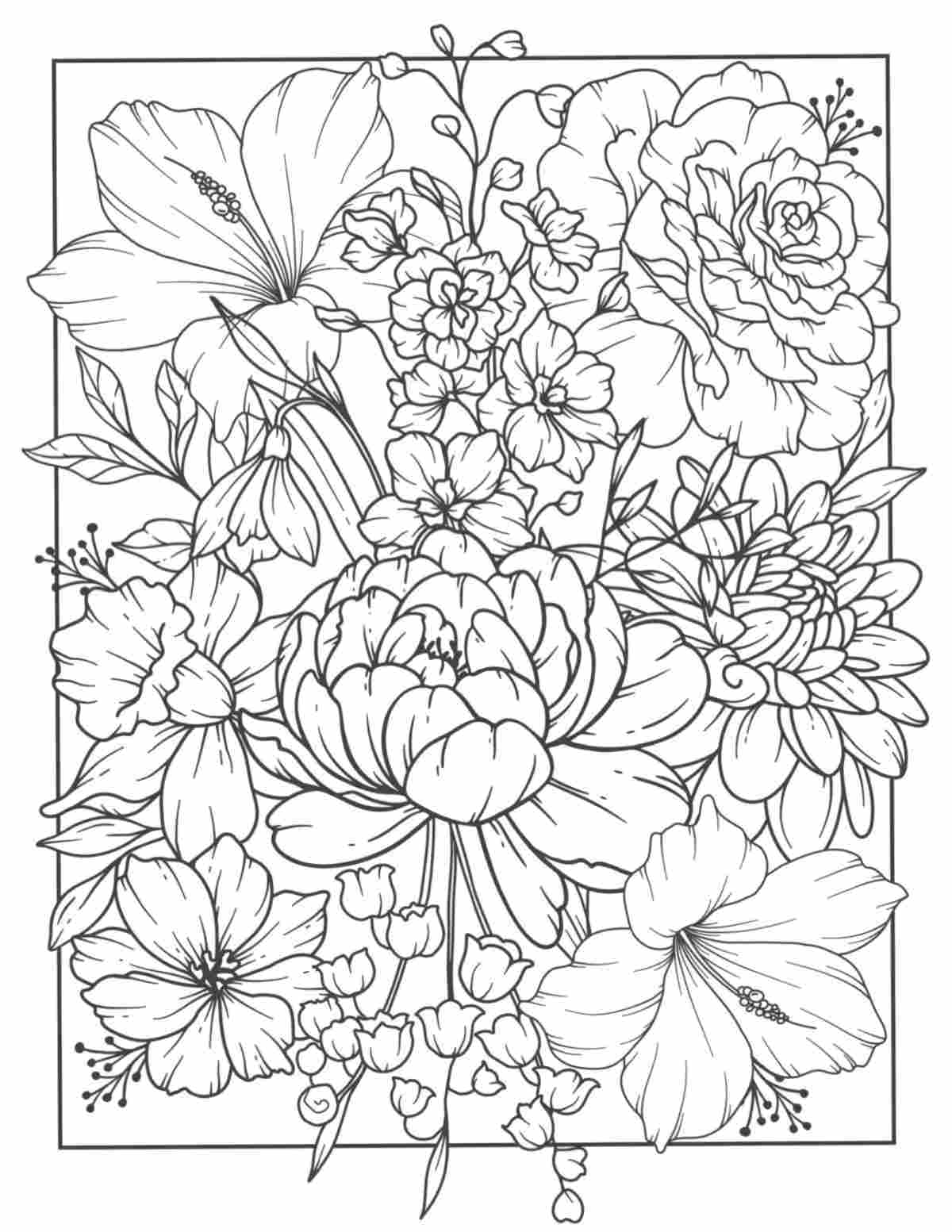 A free flowers coloring pages printable with a rectangular border, with various flowers spilling out of the border, creating a lush coloring sheet.