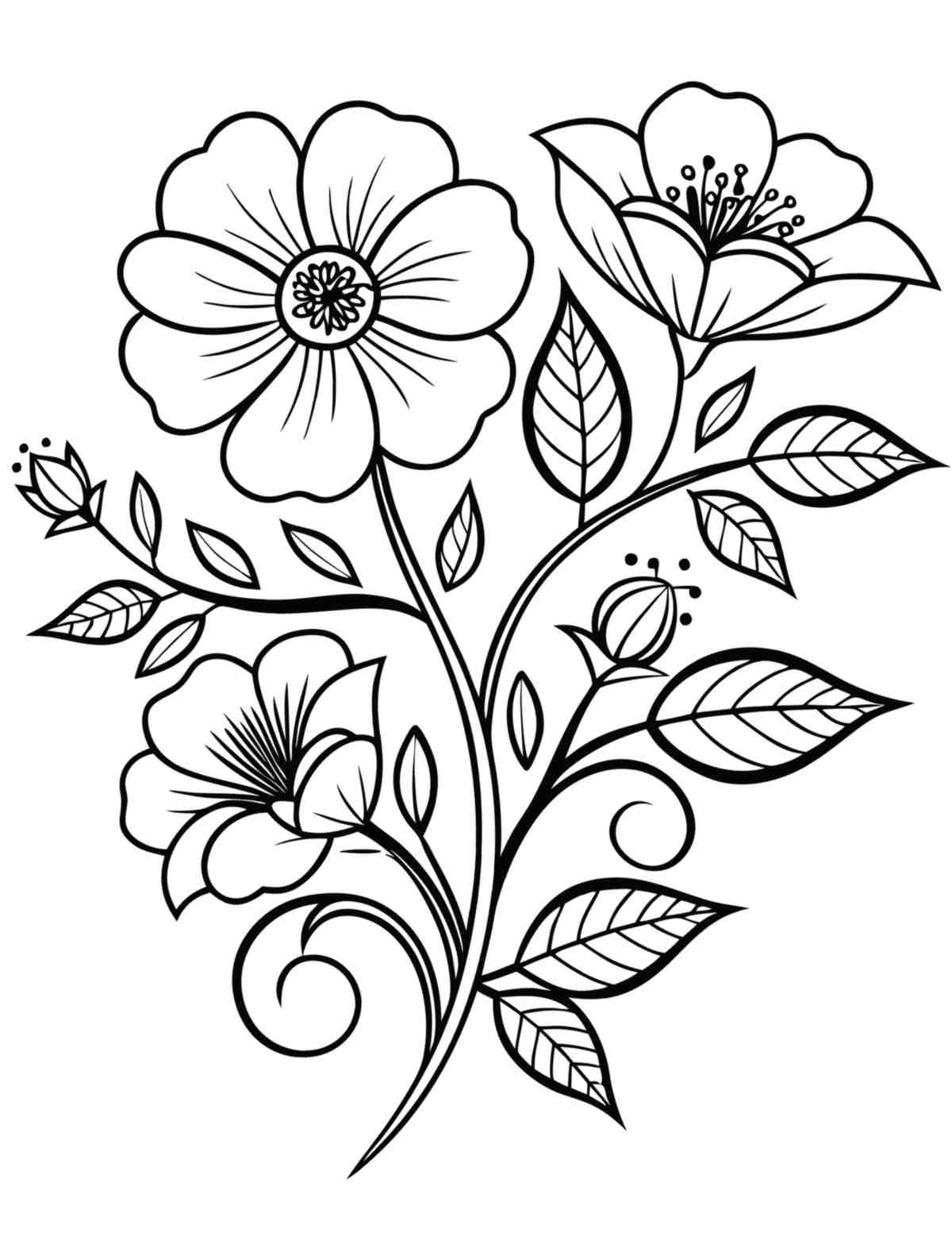 A free printable flower coloring pages image depicting one vining stem of flowers with three flower heads and various leaves.