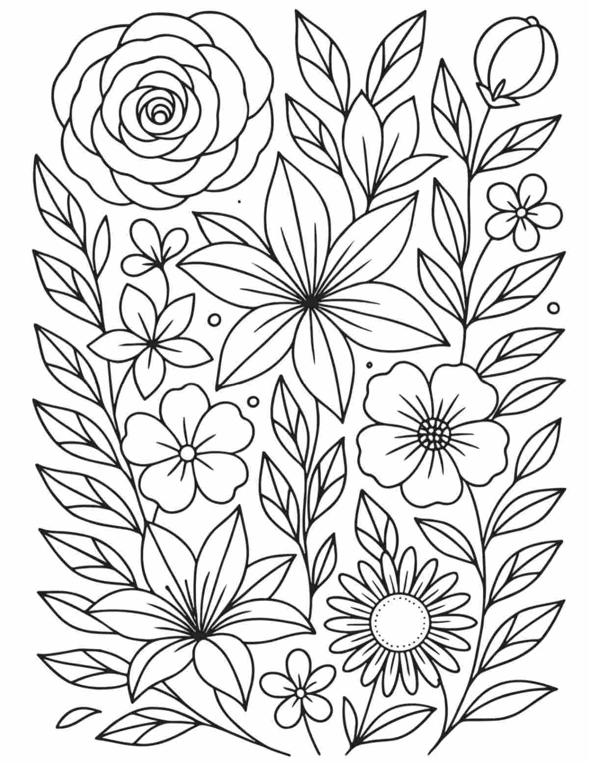 A free printable flower coloring sheets image filled with various tropical and popular flowers and foliage.
