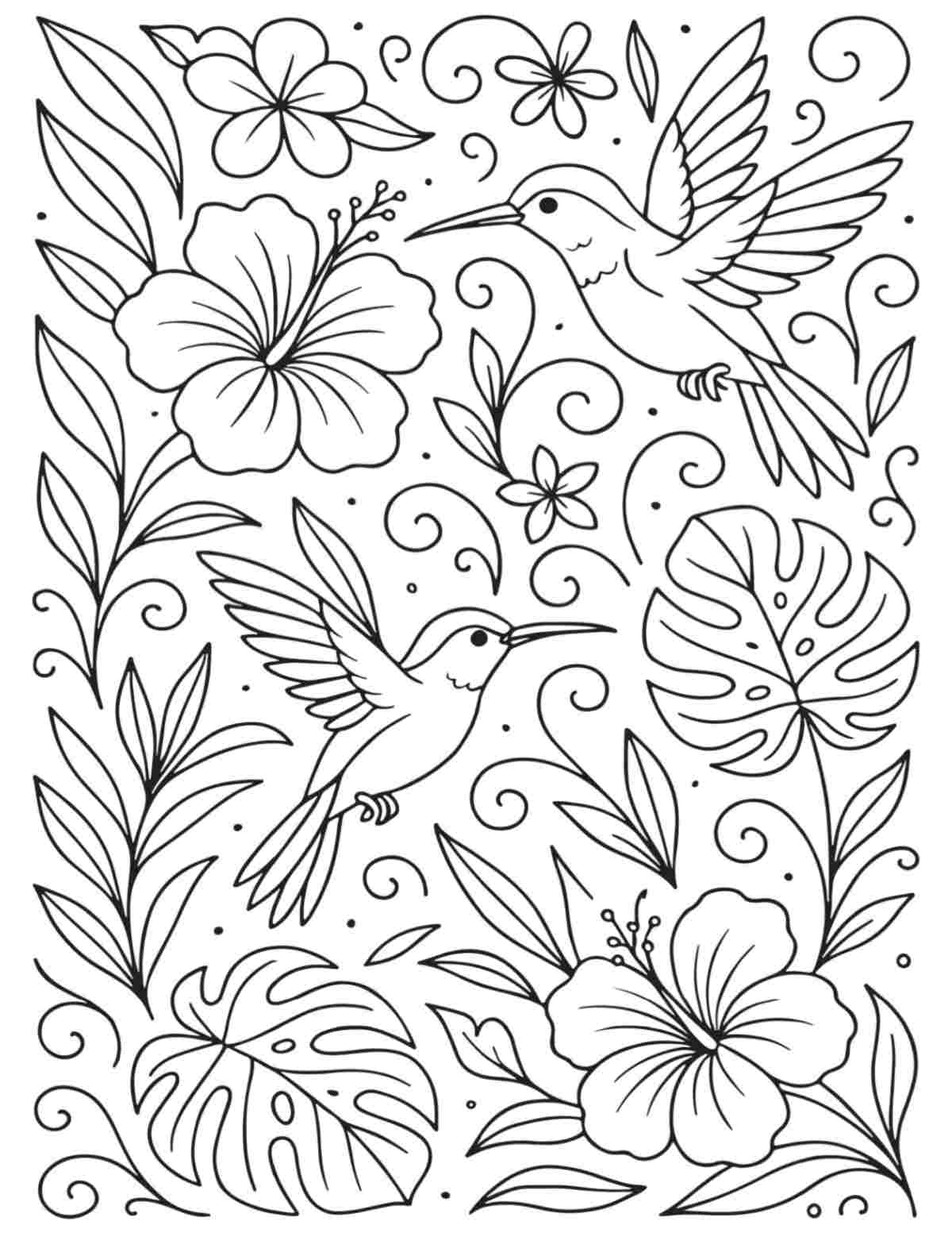 A free printable hummingbird coloring pages printable featuring two hummingbirds flying around tropical plants including hibiscus flowers and monstera leaves.