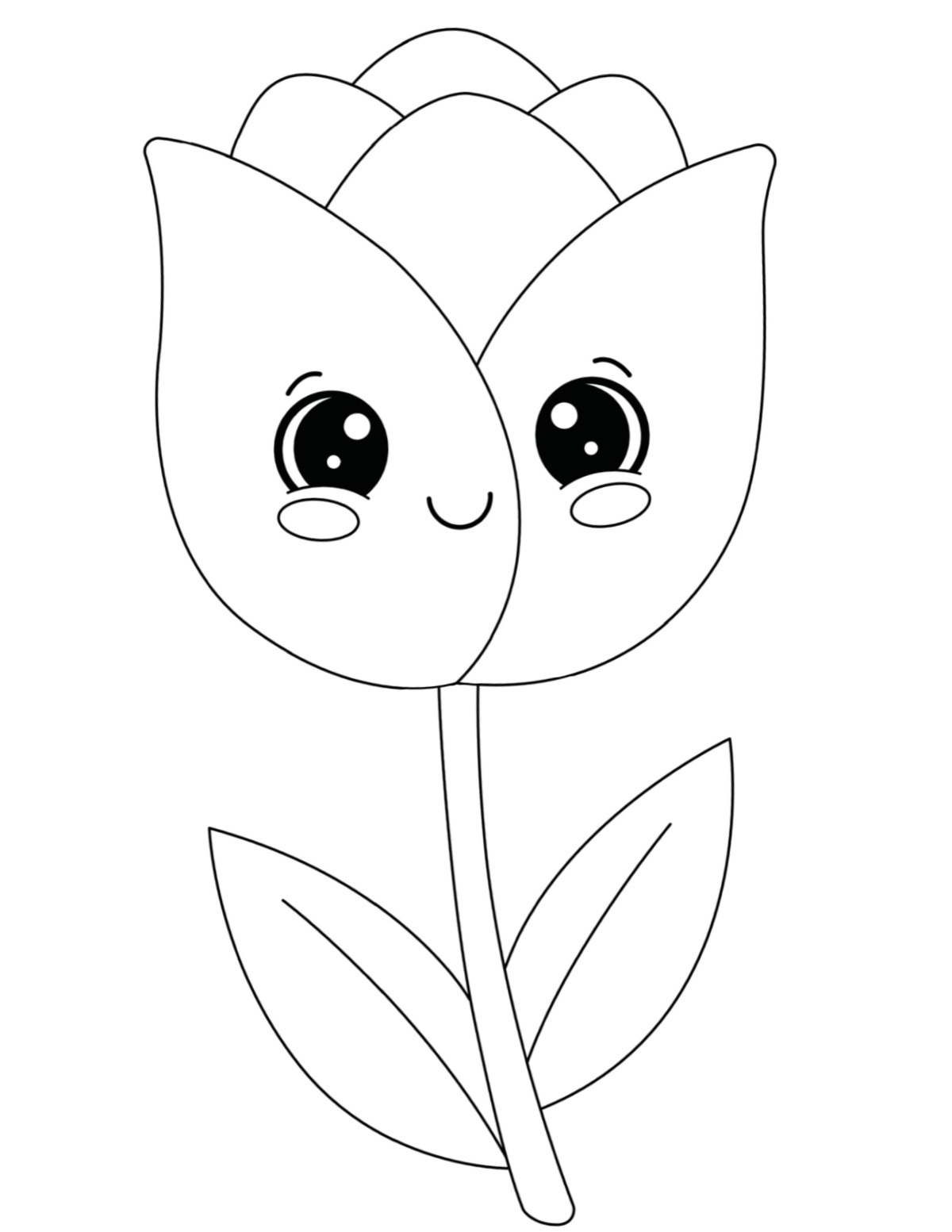 A free printable tulip coloring pages featuring a cartoon tulip smiling in the center of the coloring sheet.