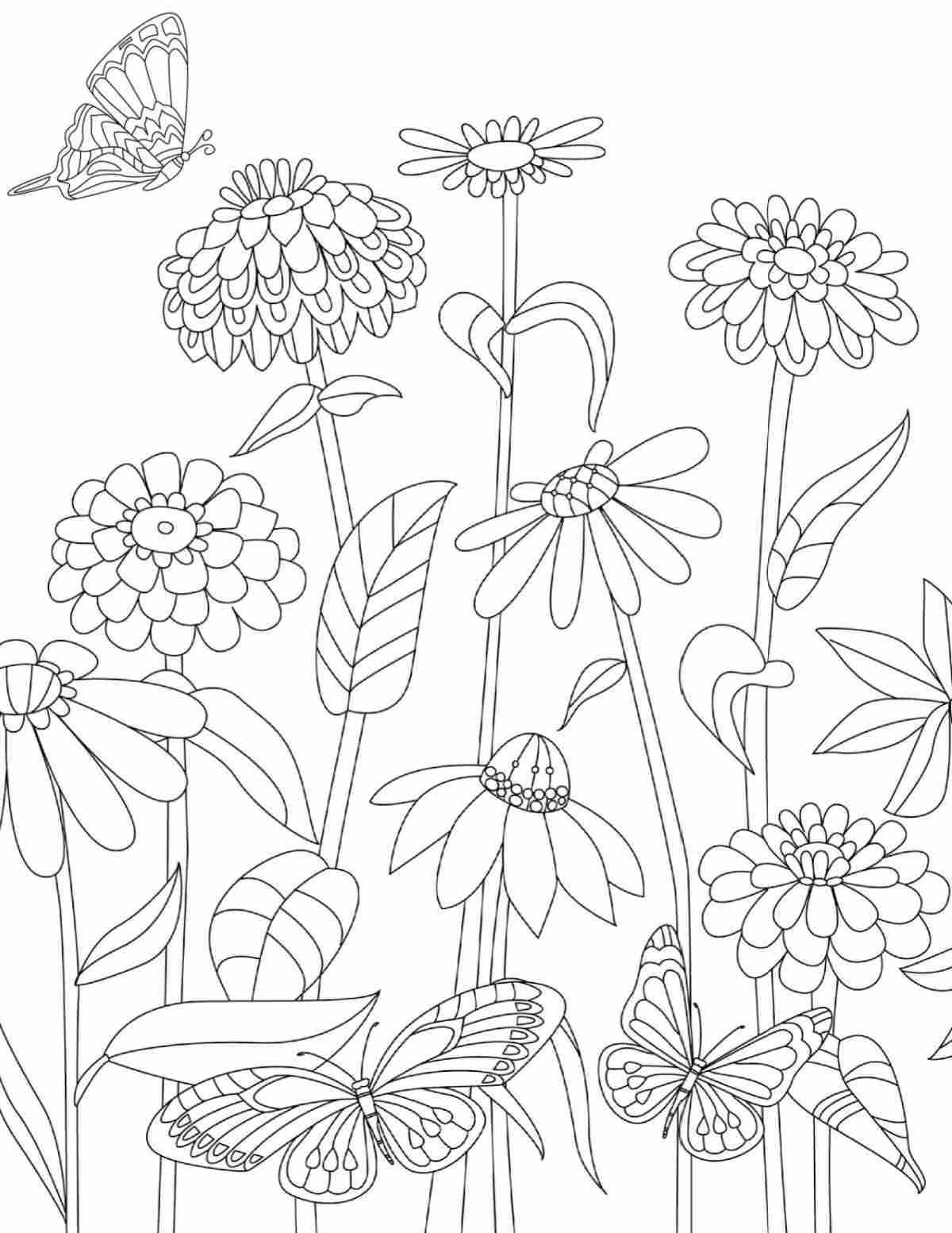 A free wildflower coloring pages printable featuring an assortment of various wildflowers with a butterfly hovering above one of them.