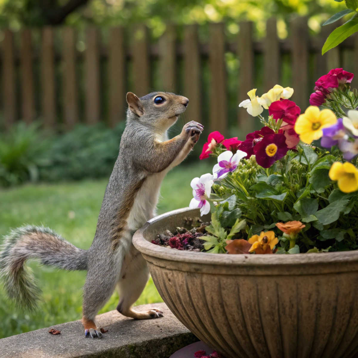  A grey squirrel getting ready to dig in a flower pot.