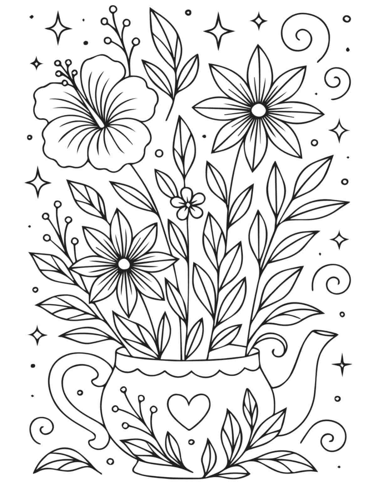 A flowers coloring page printable depicting a tea pot with a heart and leaves on it, with various flowers and vines growing out of it.