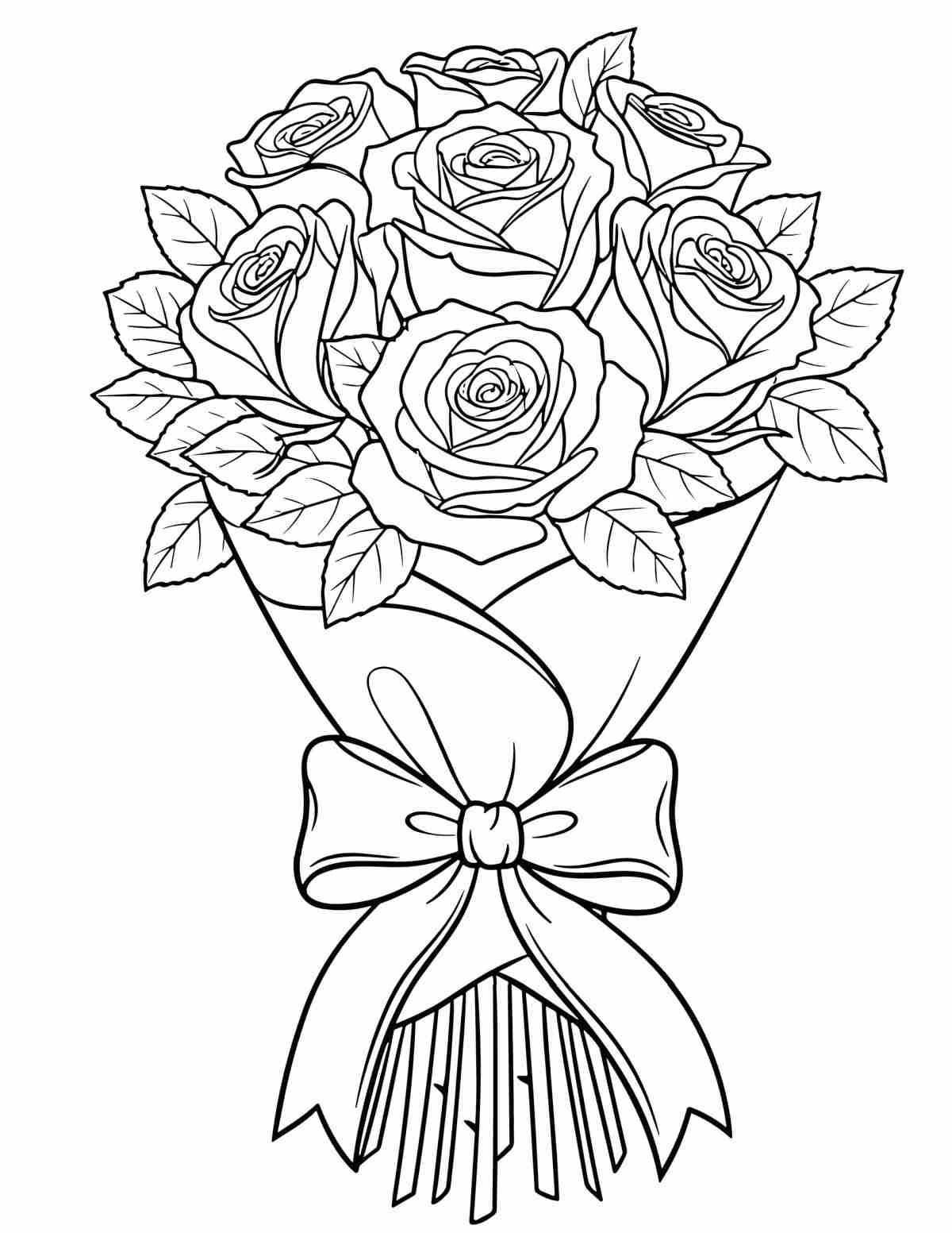 A roses coloring pages printable depicting a large bouquet of roses wrapped in paper, and tied with a ribbon.