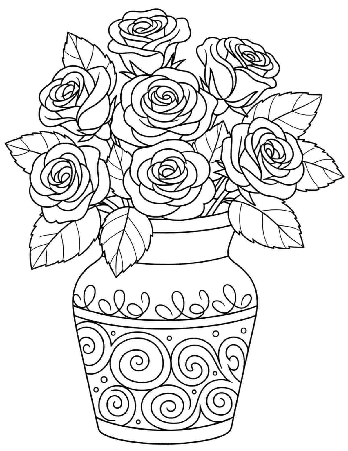 A free printable roses coloring pages image featuring a large vase with a swirl design on it filled with roses.