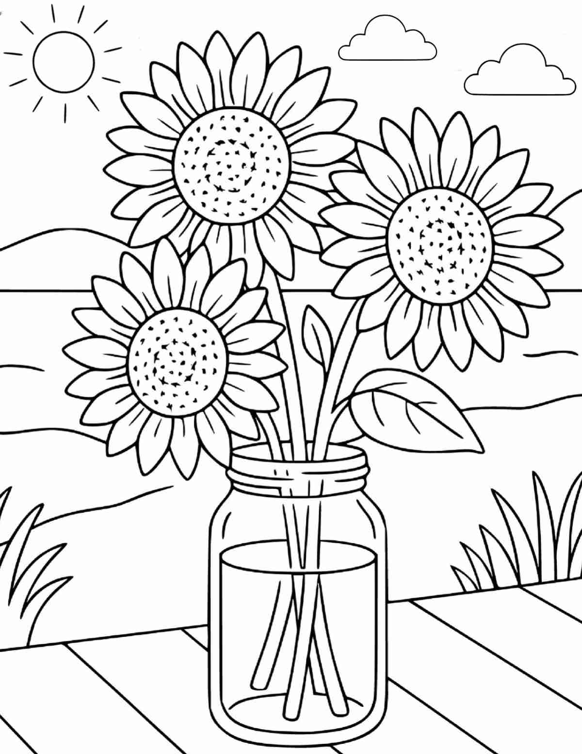 A free printable sunflower coloring pages image with a jar of three sunflowers sitting on a dock with a river and clouds in the background.