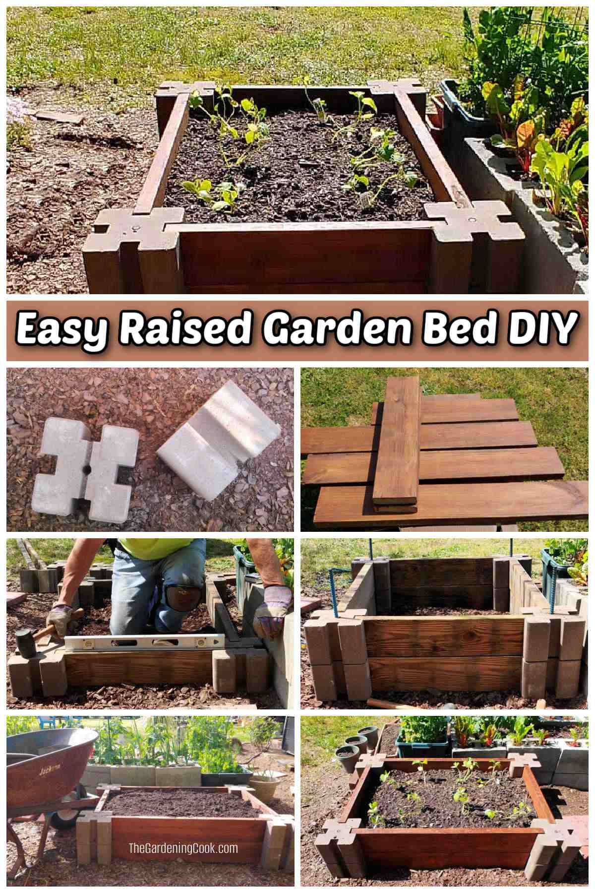 Steps how to build aneasy raised garden bed DIY project with cement planter blocks and wooden boards.