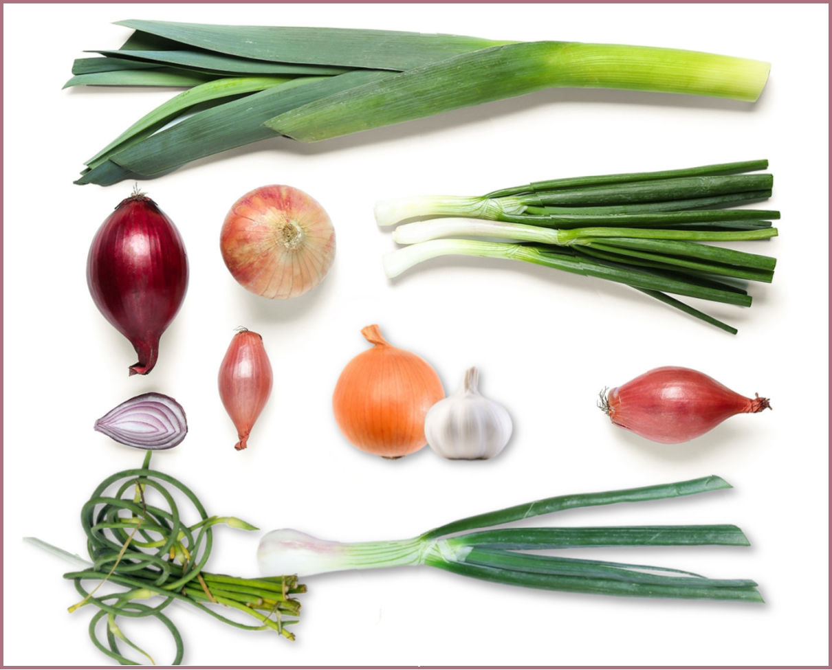 Pictures of shallots with other alliums that can be used as substitutes for them.