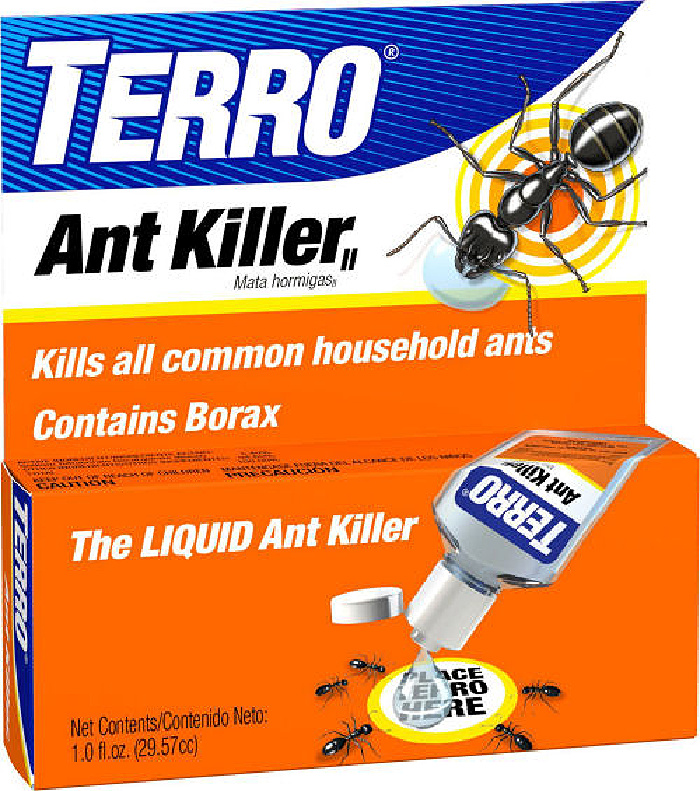 A blue and orange box of Terro liquid ant bait.