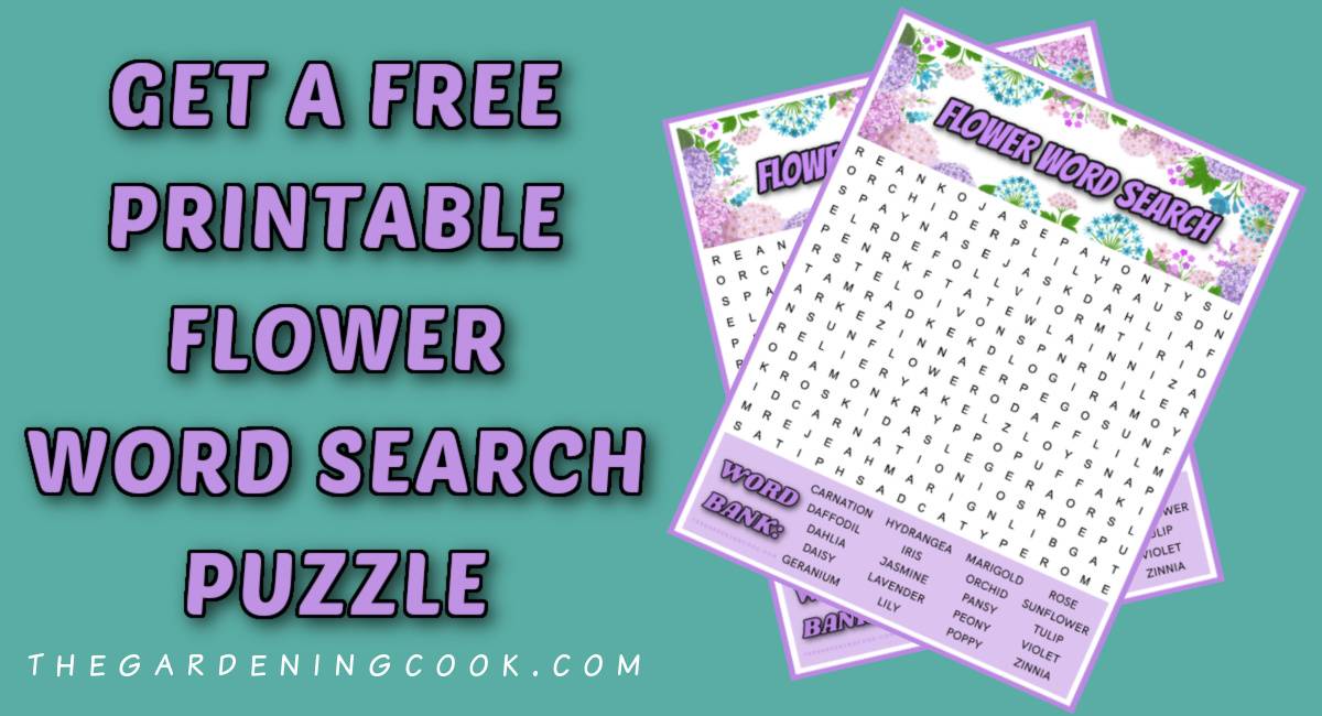 A collage with purple text on the left that says get a free printable flower word search puzzle next to two flower word search puzzled fanned out on top of each other on the right.