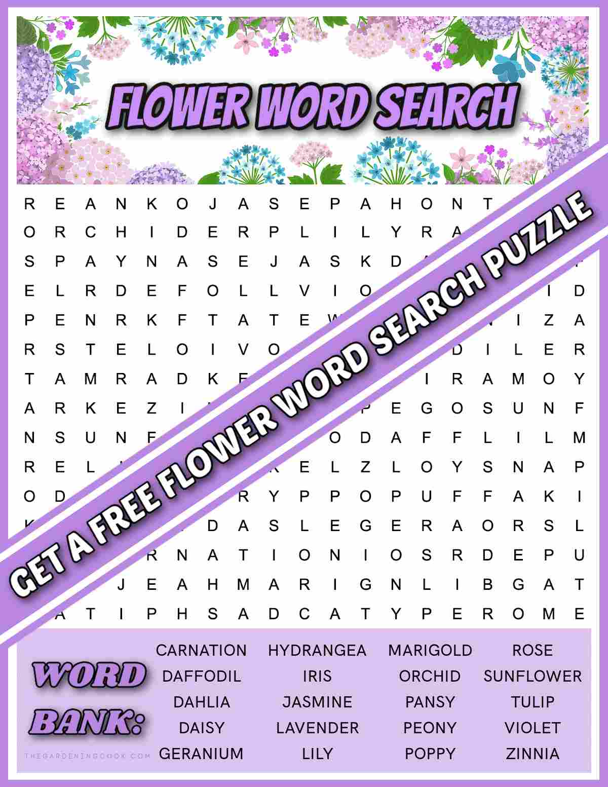 A flower word search printable with a purple banner across it that says get a free flower word search puzzle in white lettering.