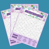 Three flower word search puzzles fanned out on top of each other on a teal blue background.