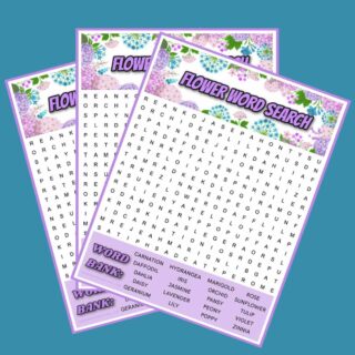 Three flower word search puzzles fanned out on top of each other on a teal blue background.