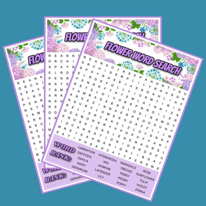 Three flower word search puzzles fanned out on top of each other on a teal blue background.